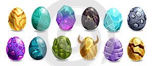 Dragon egg game icon set, vector cartoon magic dino stone kit, UI alien space rock fairy easter collection.