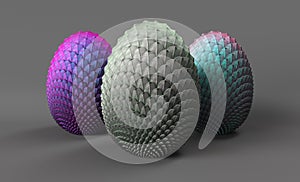 Dragon eggs 3d render on a gray background, 3 eggs of unborn dragons