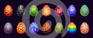 Dragon eggs. Cartoon magic fantasy elements glossy shell for game user interface design, dinosaur eggshell power energy