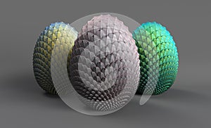 Dragon eggs 3d render on a gray background, 3 eggs of unborn dragons, grayish, silver-gold, azure-green