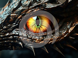 Dragon eye. Yellow green eye of a brown wooden Dragon. Yellow eyes. Mythological creatures concept. Animal eye. Fantastic monster