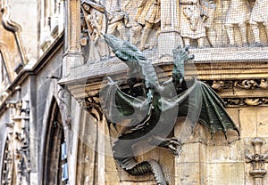 Dragon on facade of Neues Rathaus or New Town Hall in Munich, Bavaria, Germany