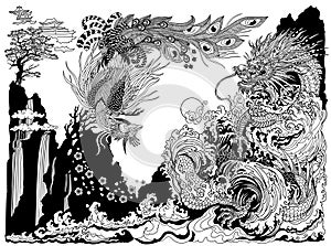 Dragon and Feng Huang are playing with a pearl. Black and white Illustration