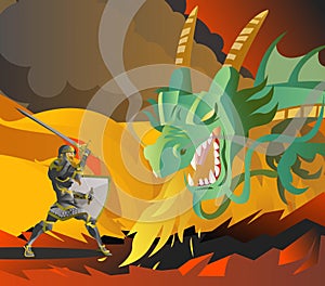 Dragon fighting a knight with fire