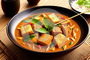 Dragon fish and bamboo shoot curry dish in an Asian restaurant