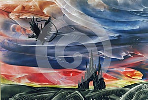 Dragon Flying over Castle