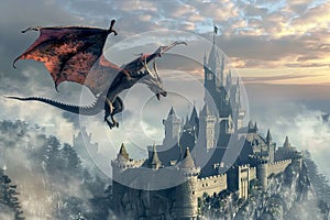 Dragon Flying Over a Castle in the Sky