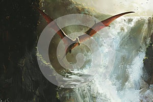 A dragon is flying over a waterfall