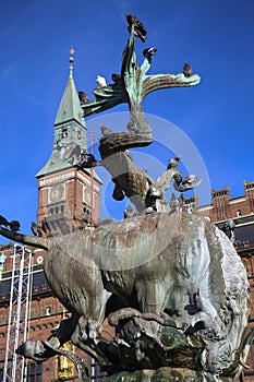 Dragon fountain and Radhus, Copenhagen city hall in Copenhagen