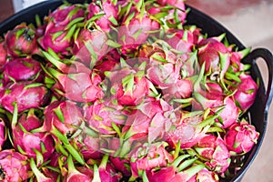 Dragon fruit in the basket for sale in the fruit market / Fresh Pitaya