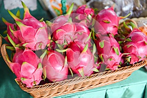 Dragon fruit in the basket for sale in the fruit market - Fresh Pitaya