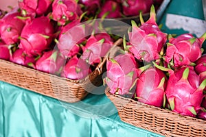 Dragon fruit in the basket for sale in the fruit market - Fresh Pitaya