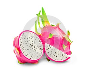 Dragon fruit with cut in half and slice isolated on white background