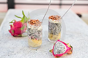 Dragon fruit juice smoothies with nuts and banana cocktail