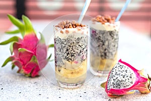 Dragon fruit juice smoothies with nuts and banana cocktail