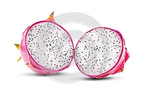 Dragon fruit Pitaya cut in half, top view, flat lay isolated on white background.