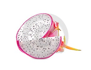 Dragon fruit Pitaya cut in half, top view, flat lay an isolated on white background