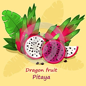 Dragon fruit Pitaya with green leafs on yellow background