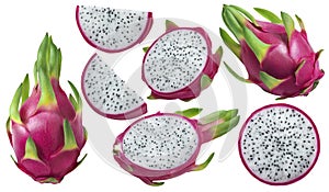 Dragon fruit or pitaya pieces set isolated on white