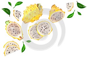 Dragon fruit, Pitaya or Pitahaya yellow isolated on white background with copy space for your text. Top view. Flat lay