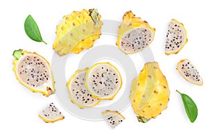 Dragon fruit, Pitaya or Pitahaya yellow with leaf isolated on white background. Top view. Flat lay