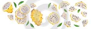 Dragon fruit, Pitaya or Pitahaya yellow with leaf isolated on white background. Top view. Flat lay