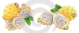Dragon fruit, Pitaya or Pitahaya yellow with leaf isolated on white background. Top view. Flat lay
