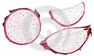 Dragon fruit Watercolor realistic clip art. Pieces of ripe pitahaya cut on an isolated yellow background. For menu