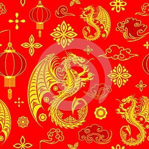 Dragon Golden Symbol of Happy Chinese New Year Vector Seamless Repeat Pattern Design Textile Motive illustration photo