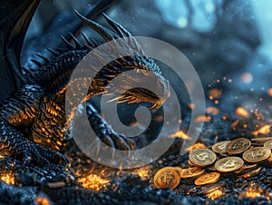 A dragon guarding a treasure trove of mined Bitcoins symbolizing the value and security in cryptocurrency