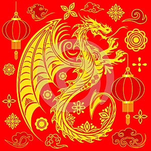 Dragon Happy Chinese New Year - Year of the Dragon, with Lanterns, Flowers, Clouds, Asian Golden oriental elements on Red Backgrou photo