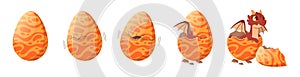 Dragon hatching from egg. Mythical fire dragon egg through incubation to birth, cartoon hatching process animation