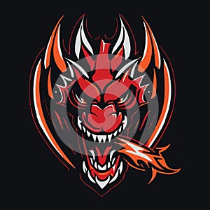 Dragon head breathing fire vector art. Logo design. Isolated monster for team mascot