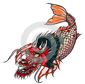 Dragon head and koi carp fish in circle design for tattoo