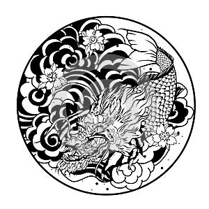 Dragon head and koi carp fish in circle design for tattoo