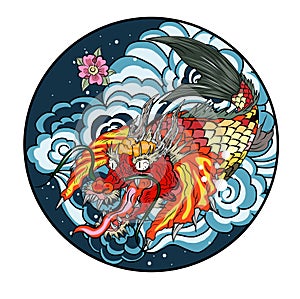 Dragon head and koi carp fish in circle design for tattoo