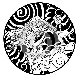 Dragon head and koi carp fish in circle design for tattoo