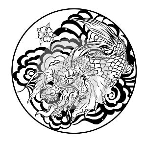 Dragon head and koi carp fish in circle design for tattoo