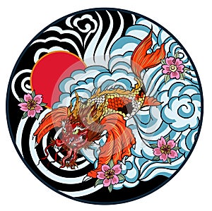 Dragon head and koi carp fish in circle design for tattoo