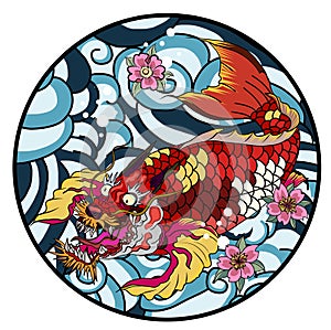 Dragon head and koi carp fish in circle design for tattoo