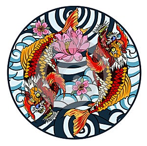 Dragon head and koi carp fish in circle design for tattoo