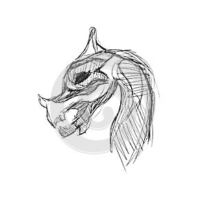 Dragon head sketch drawn with pen on white paper. Hand-drawn sloppy black-and-white concept drawing. Simple vector linear illustra