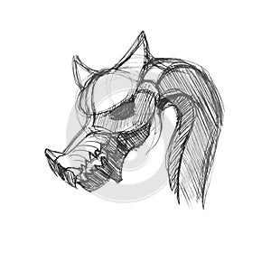 Dragon head sketch drawn with pen on white paper. Hand-drawn sloppy black-and-white concept drawing. Simple vector linear illustra