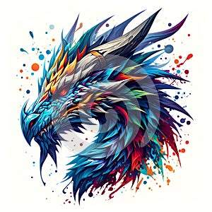 Dragon head, splash style of colorful paint, contour, hyper detailed.