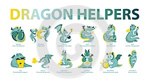 Dragon Helpers set. Vector illustration.