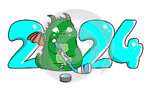 Dragon with hockey stick and numbers 2024. Clipart