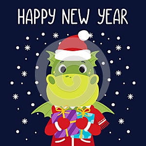 Dragon holds gifts. Happy new year greeting card with dinosaur. Vector illustration with cute character isolated background. Hand