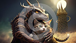 Dragon hugs his pet cat