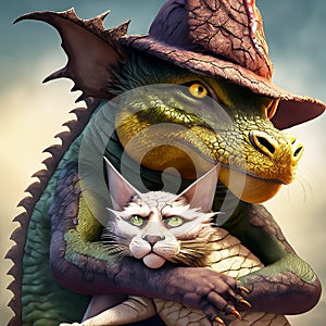 Dragon hugs his pet cat