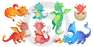 Dragon kids. Fantasy baby dragons, funny fairytale reptile and medieval legends fire breathing serpent cartoon isolated photo